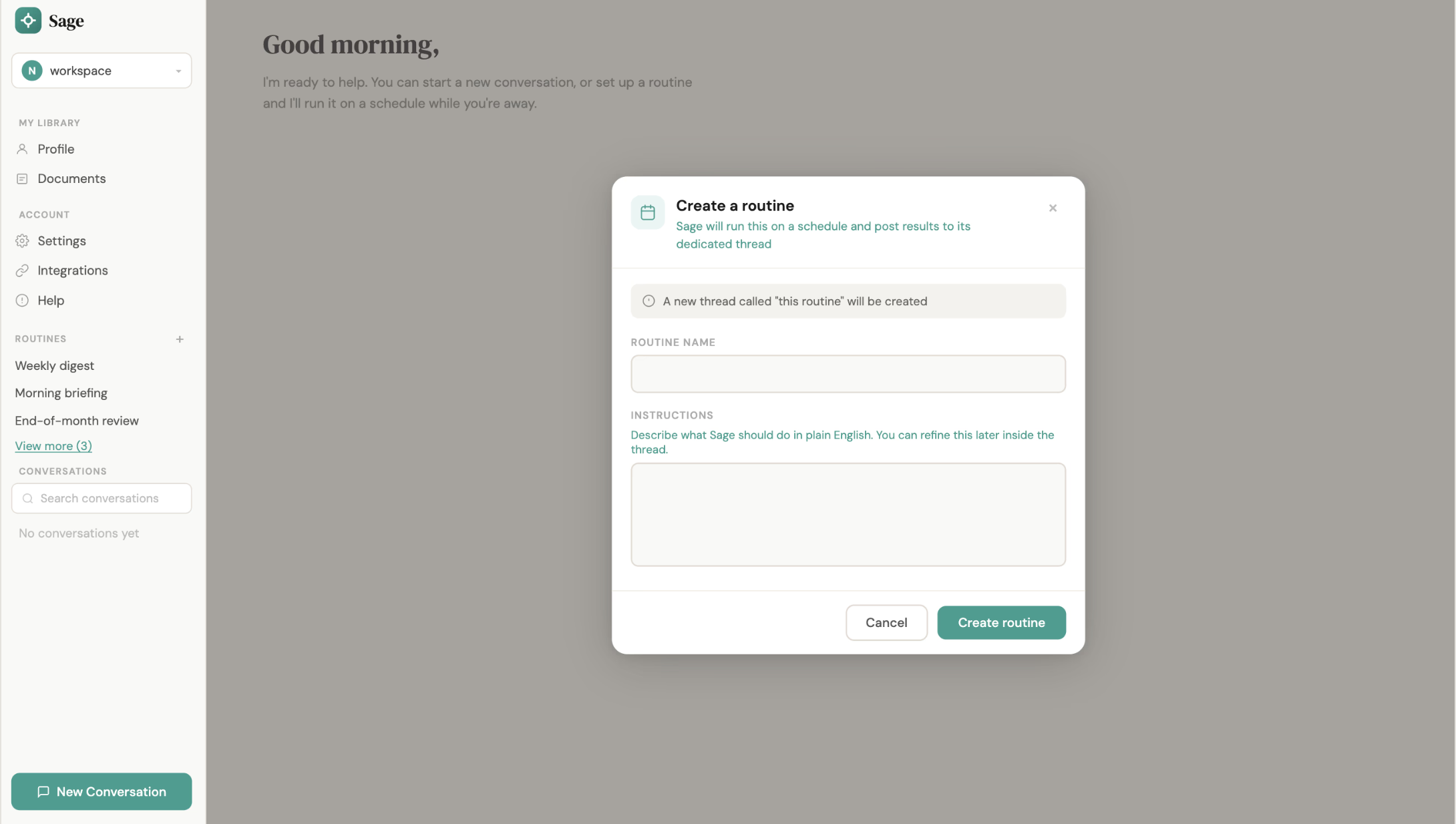 Create a routine modal for scheduling a recurring financial check-in task.