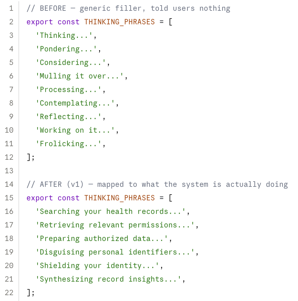 Code diff showing generic thinking phrases like Thinking and Pondering replaced with phrases describing the actual action, like searching records and retrieving permissions