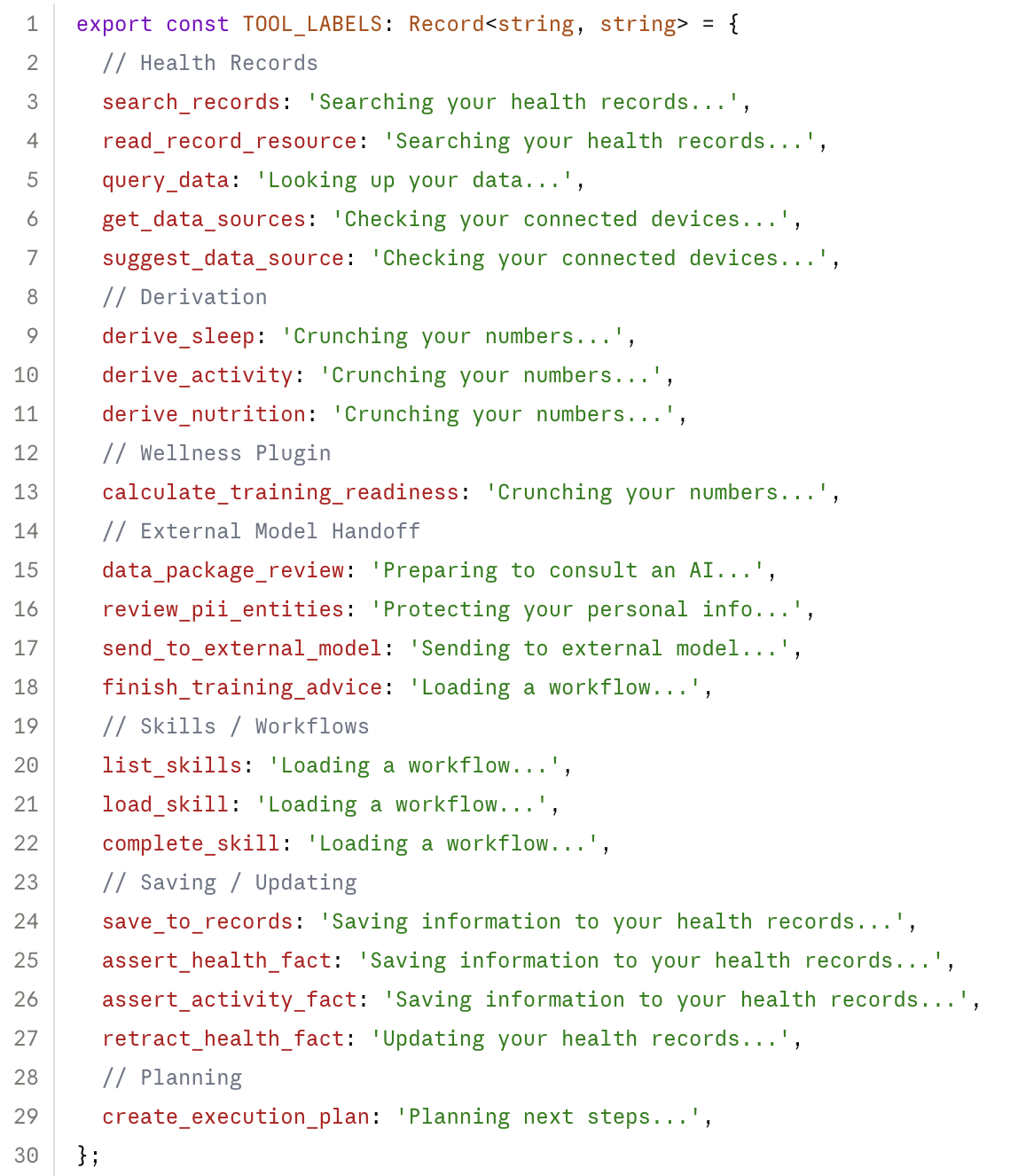 Code showing thinking phrases mapped one-to-one with backend tool and event names, grouped by data lookup, derivation, external model handoff, workflows, and saving