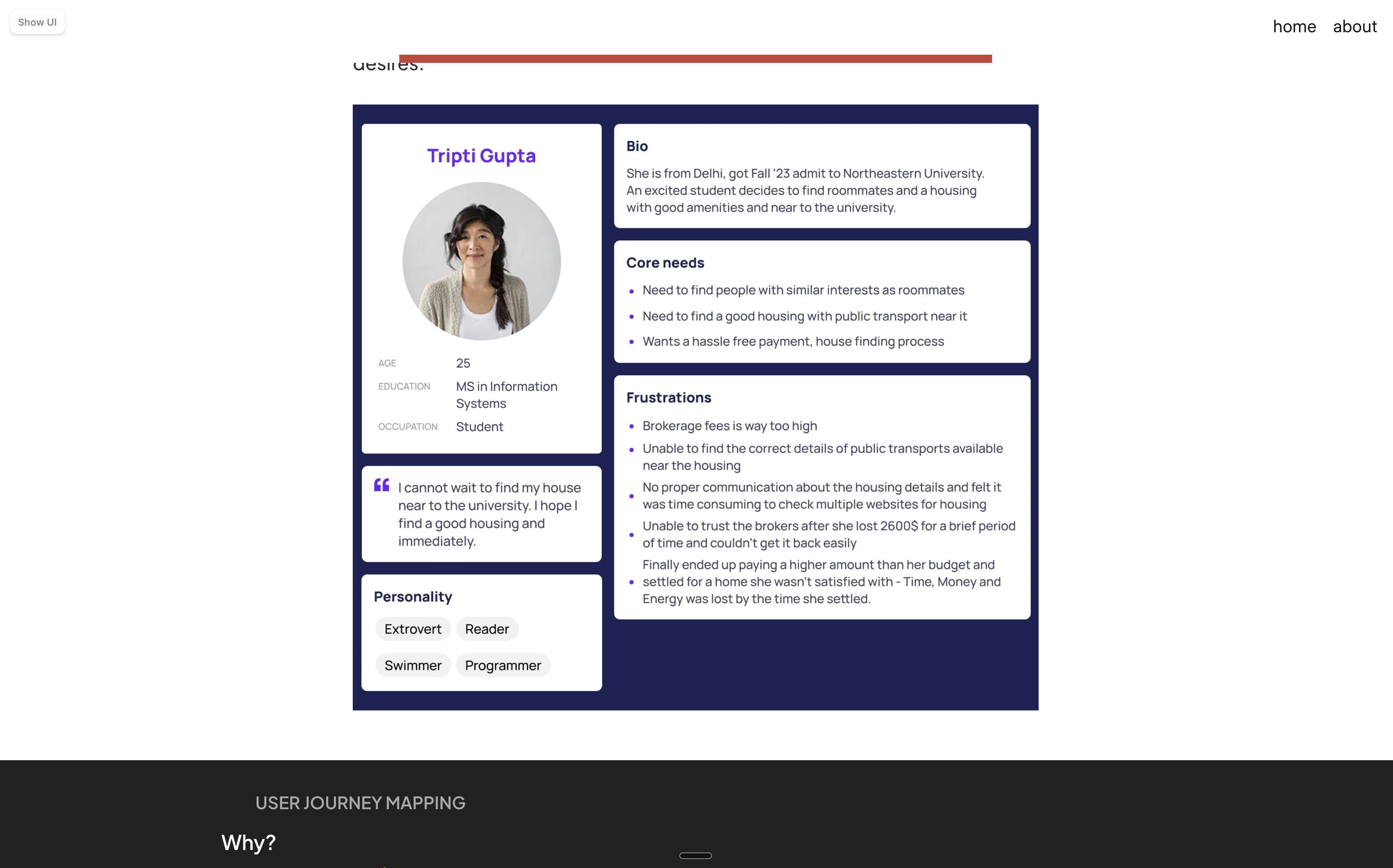 User persona slide for an international student housing search journey.