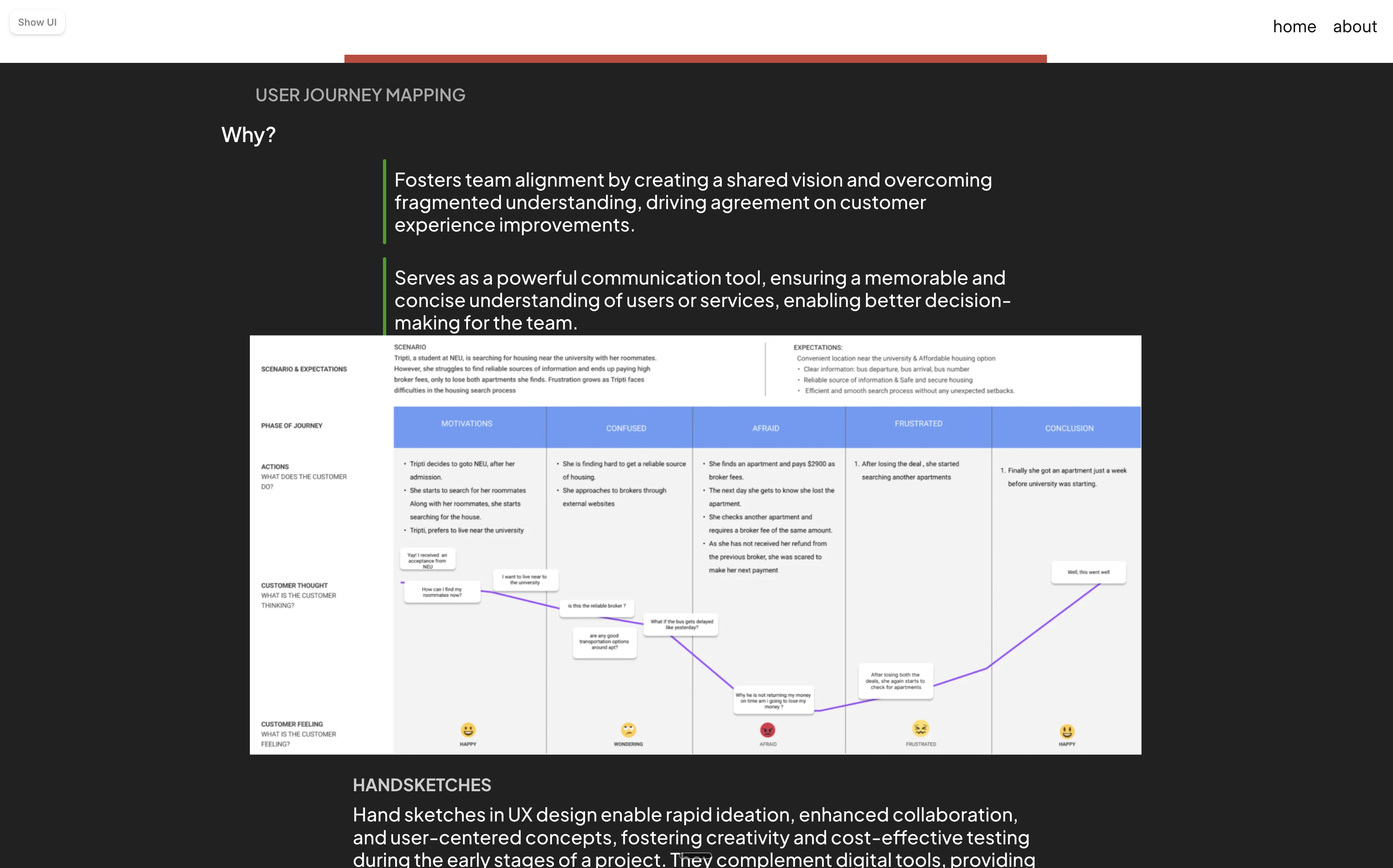 User journey mapping slide showing phases of the housing search experience.