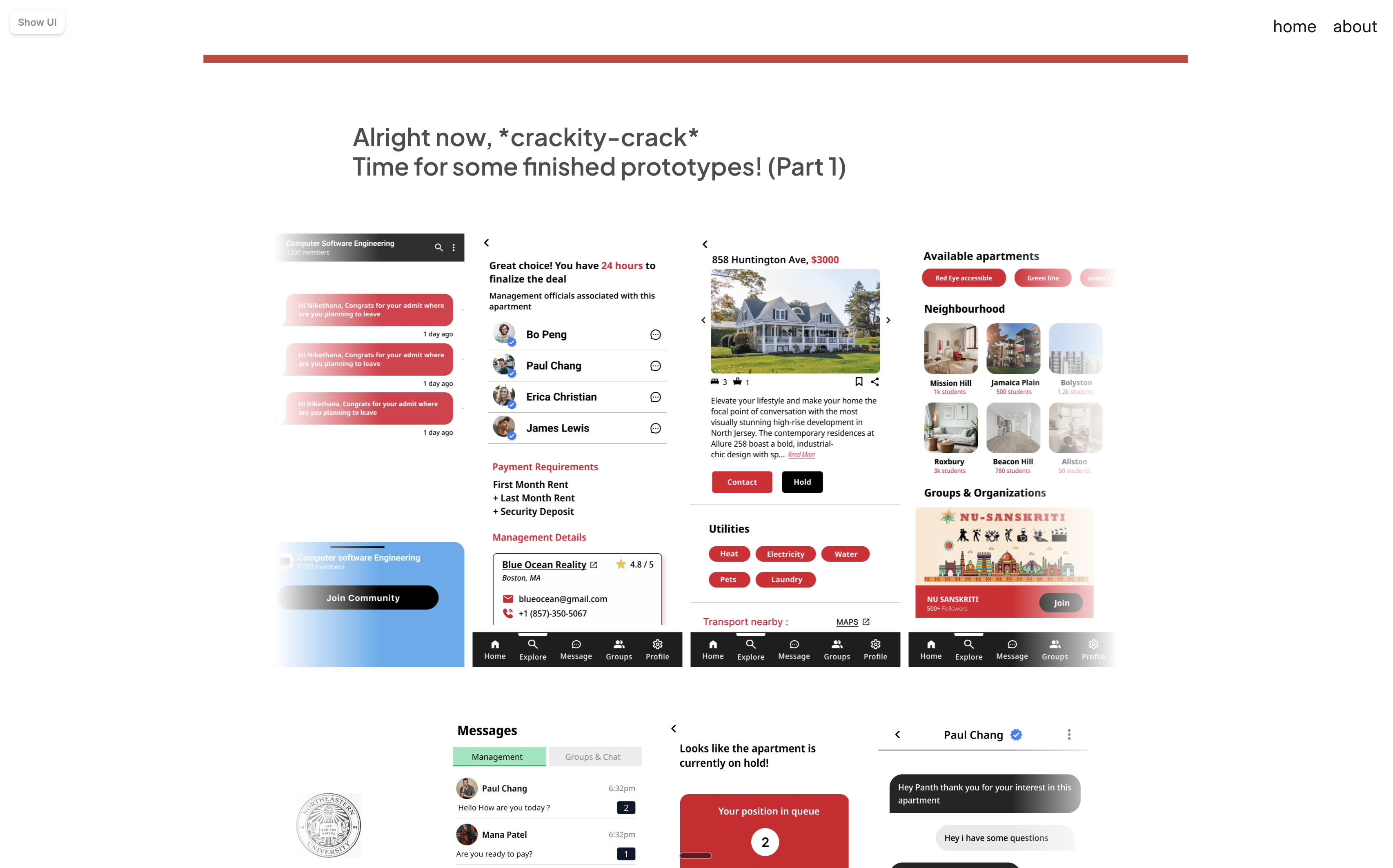 Overview of finished HuskyHomes mobile prototype screens.