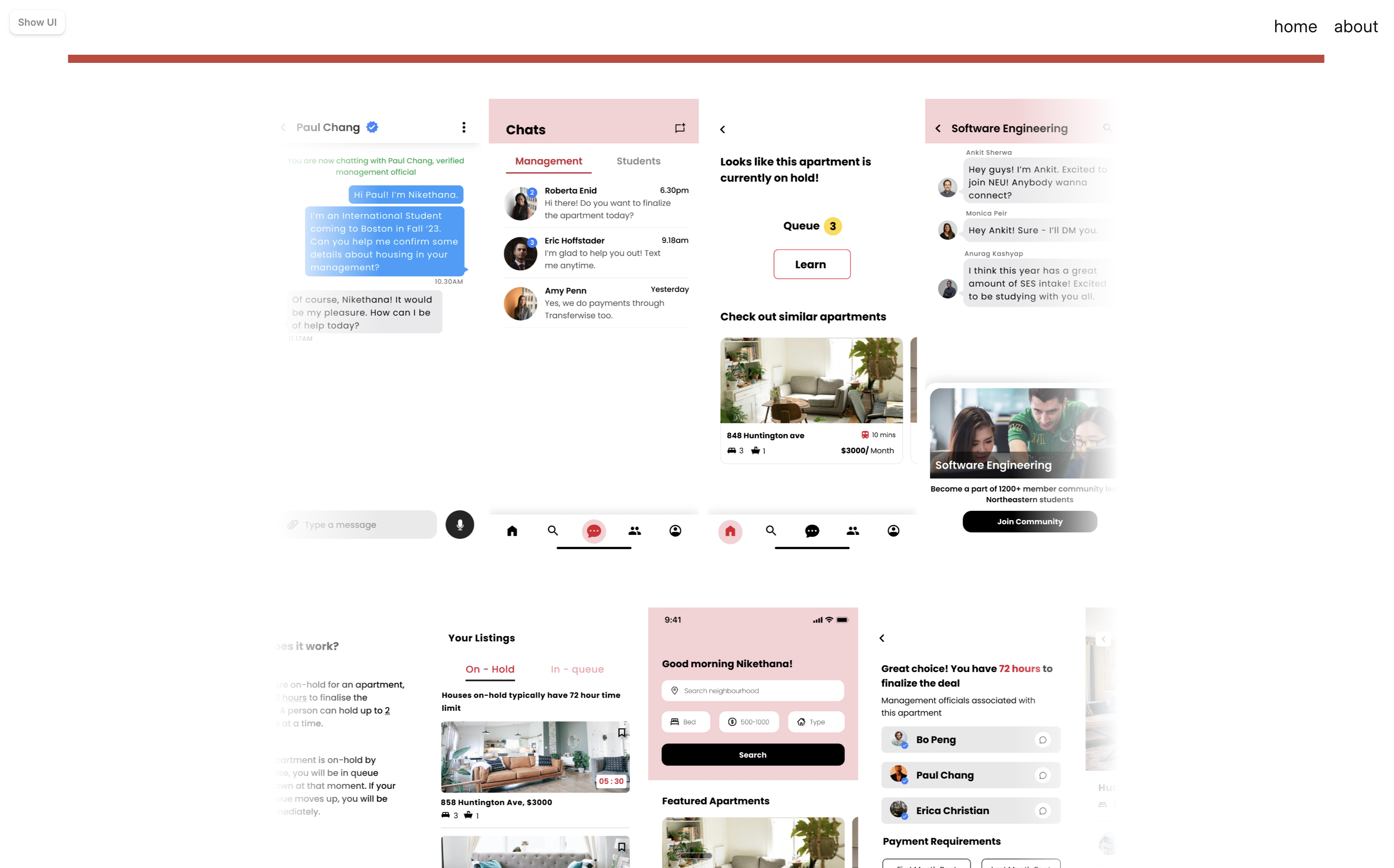 Detailed HuskyHomes mobile prototype screens for chat, queue, listings, and communities.