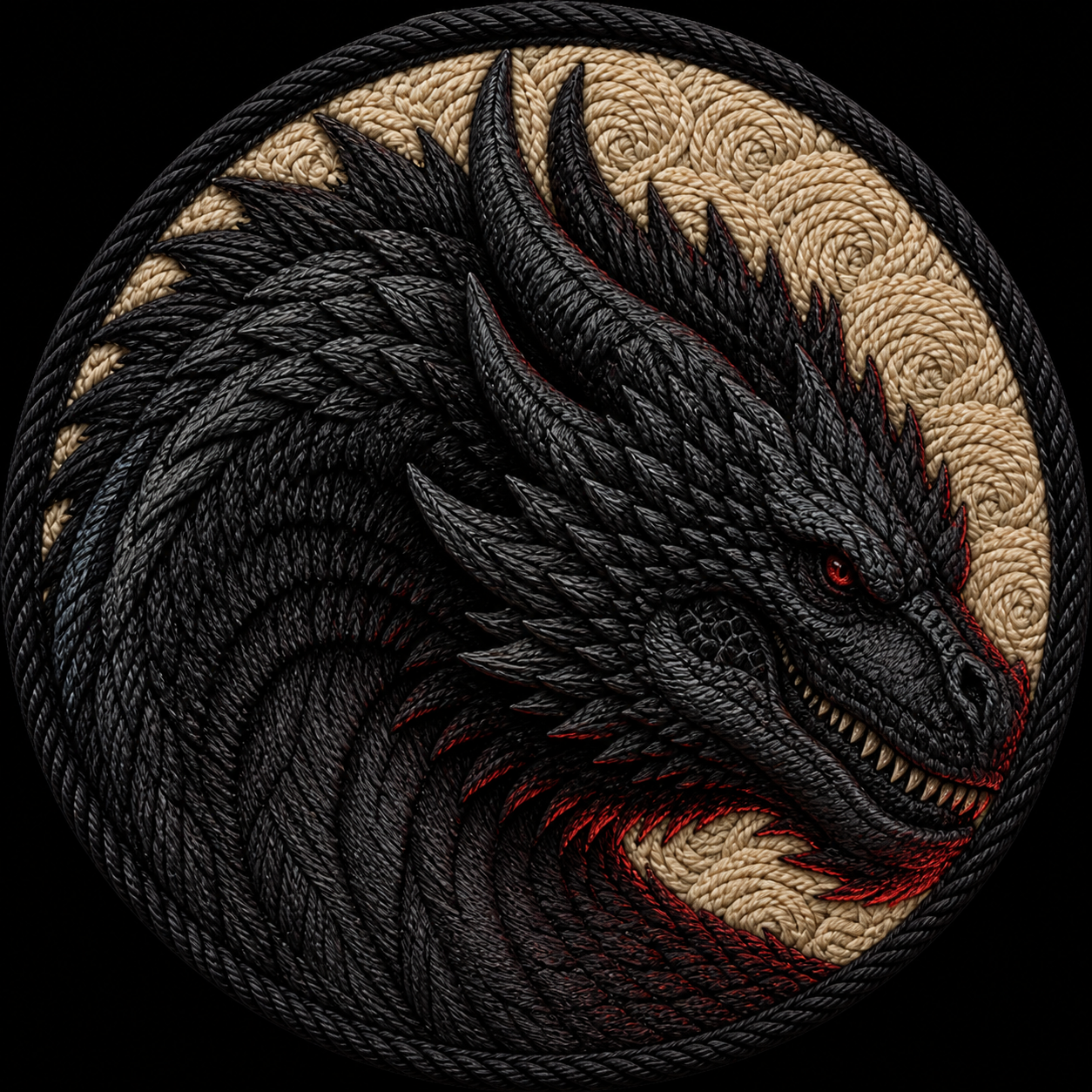Threads of Fire showing Balerion rendered as a raised embroidered dragon badge