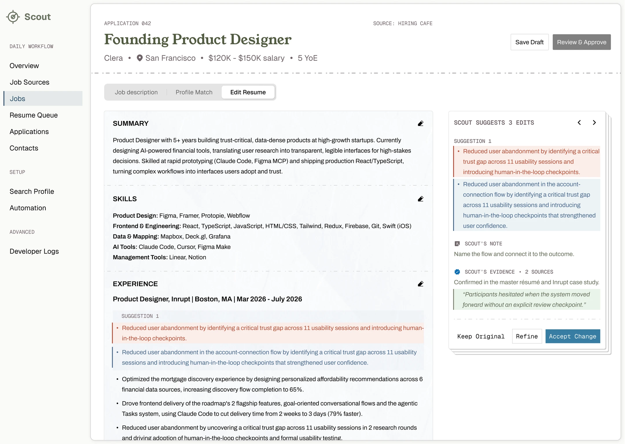 Early Scout workspace with a pale sidebar, résumé document, and editorial suggestion stack.