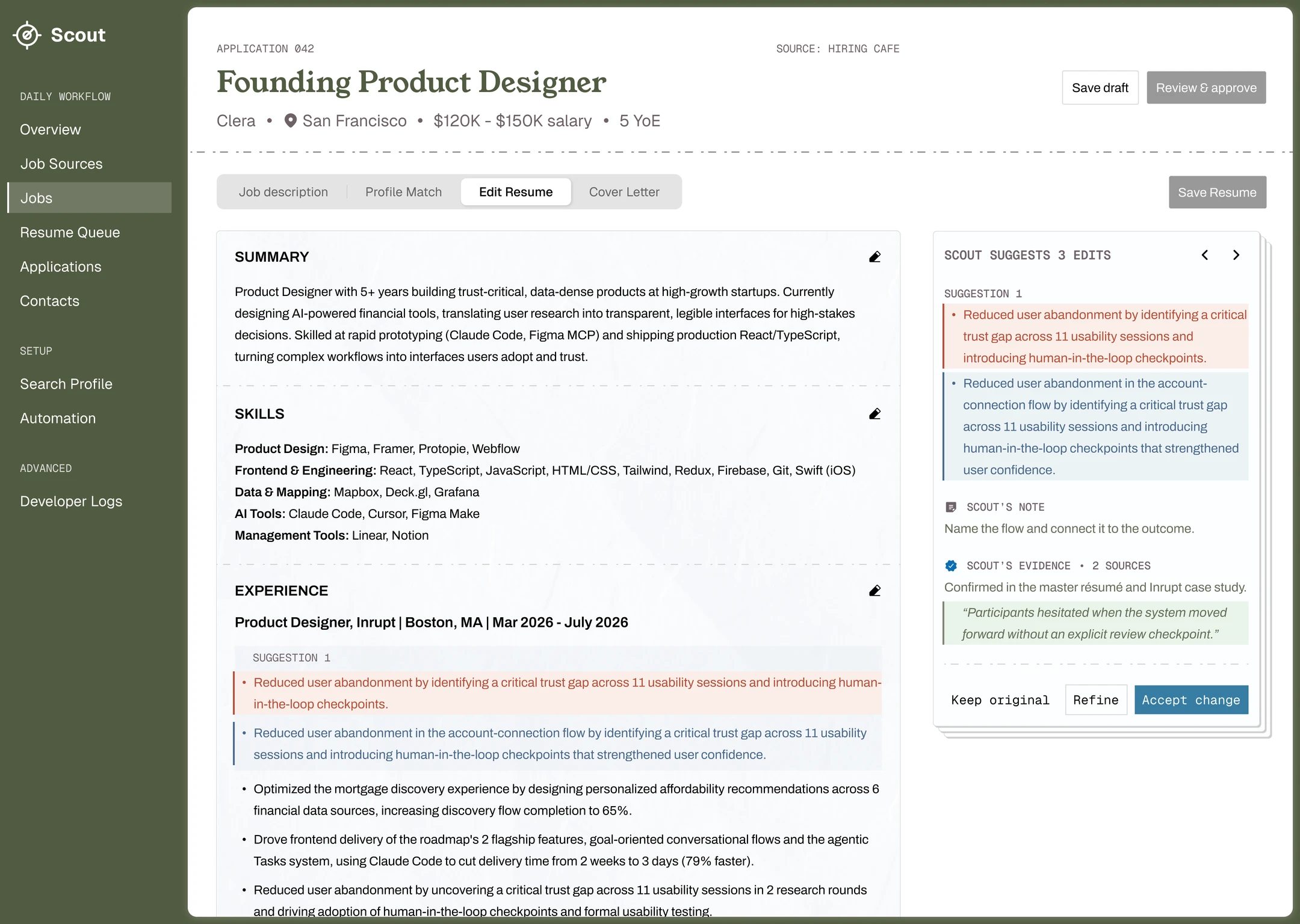 Final Scout workspace with olive navigation framing a white document and a source-backed suggestion panel.
