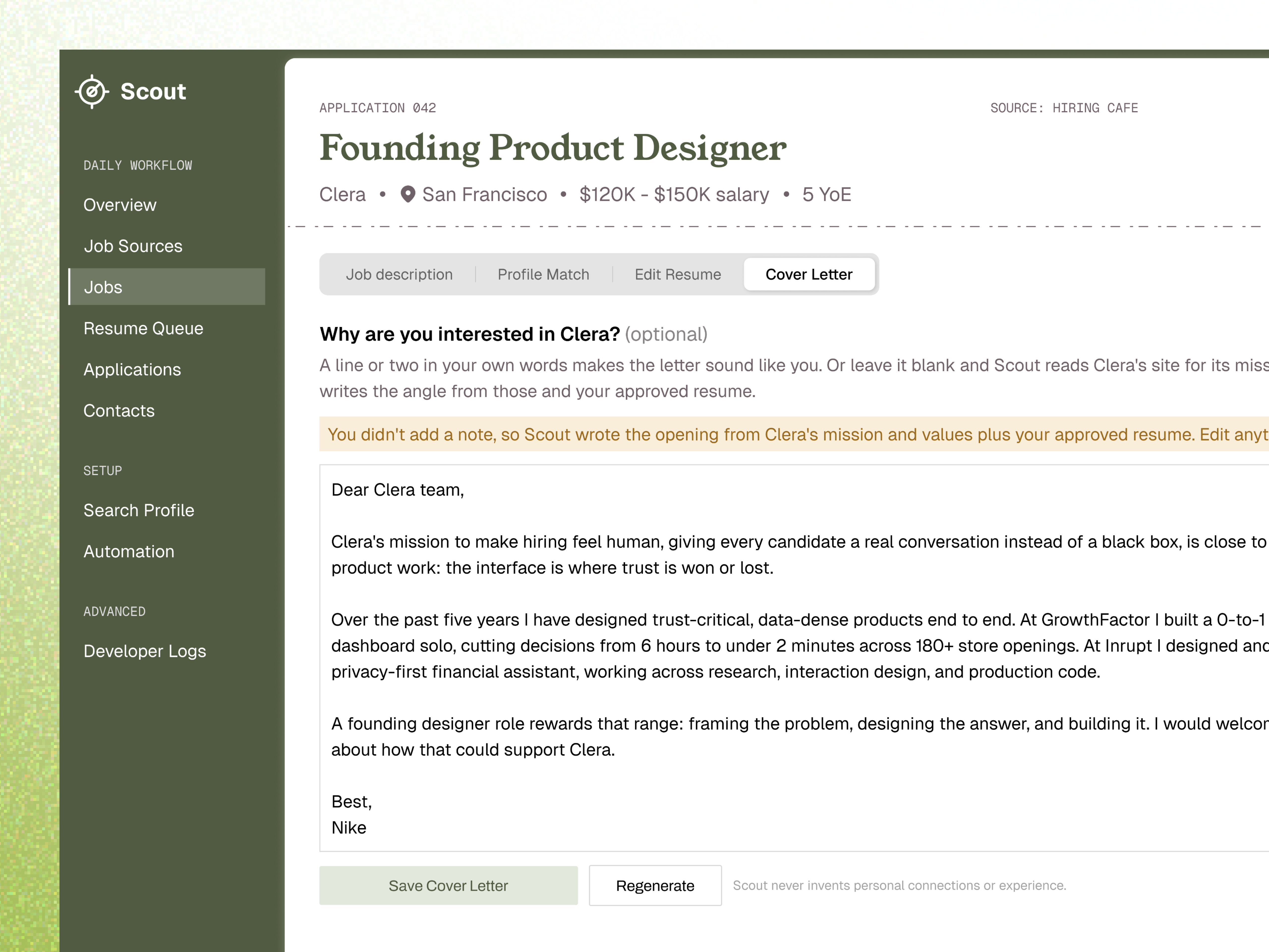 Scout cover-letter workspace generating a letter from the role, company mission, and approved resume.