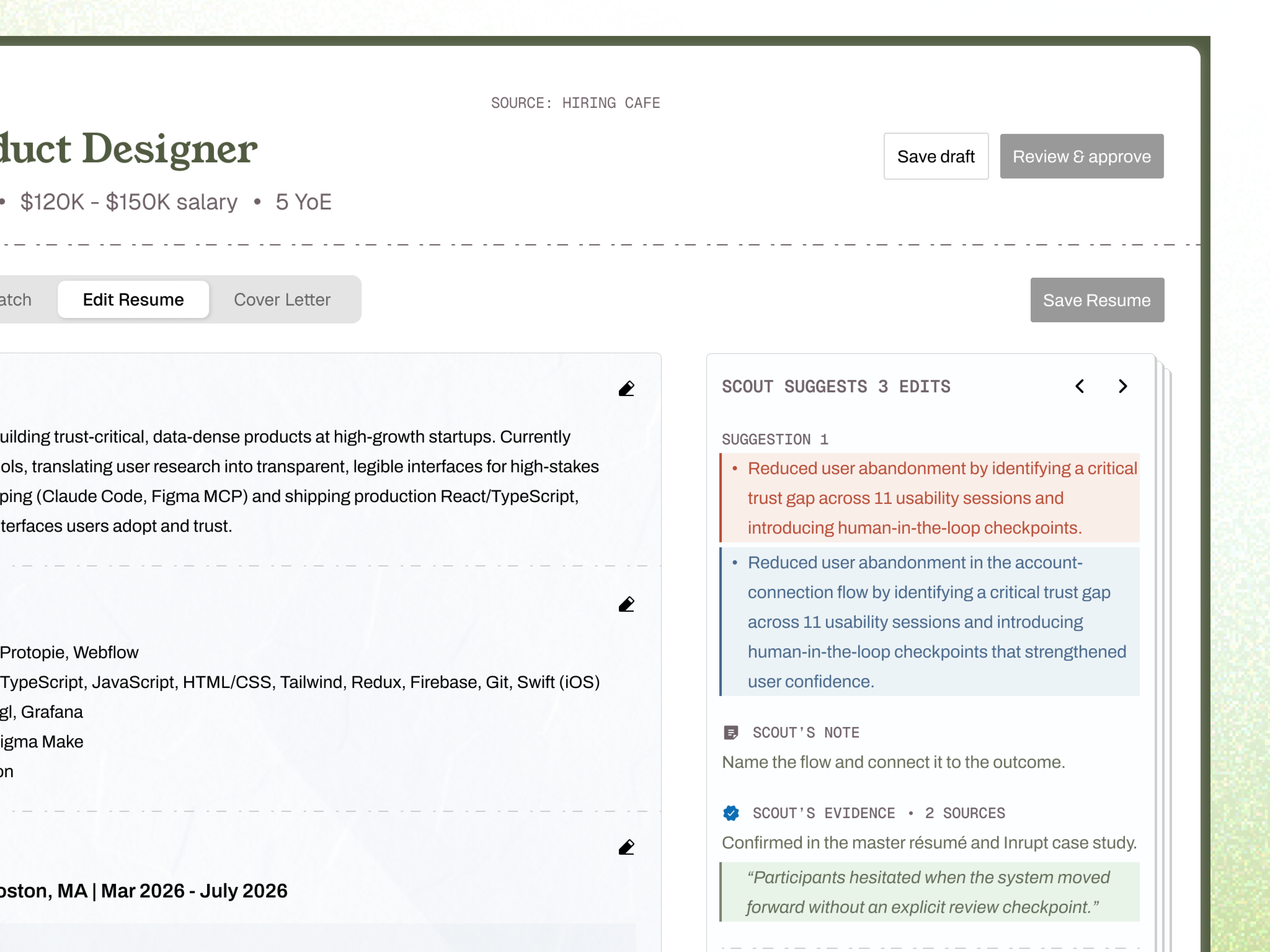 Scout suggestion panel showing an original resume line, proposed revision, Scout note, and supporting evidence.