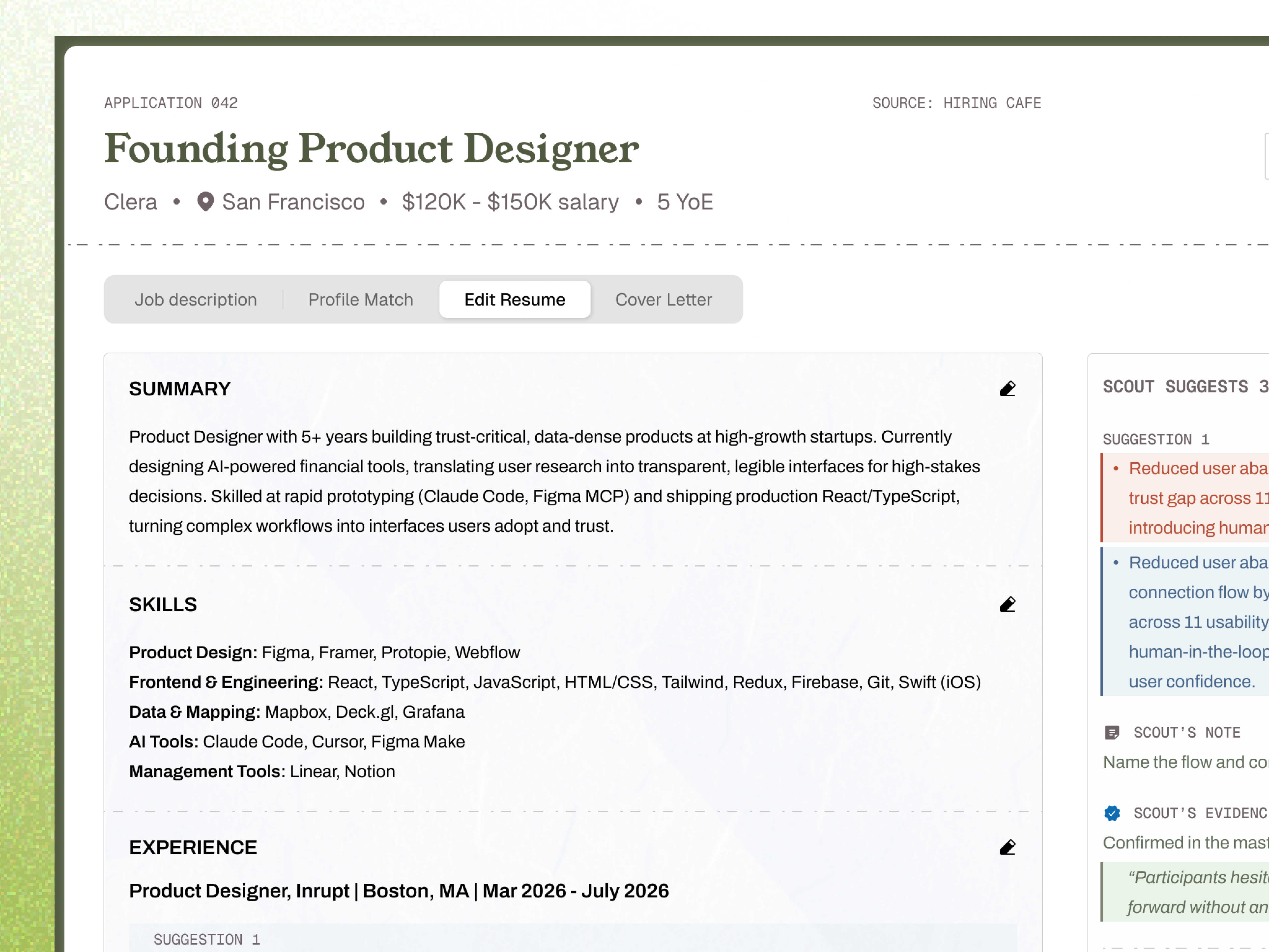 Scout resume editor showing a resume alongside a suggestion panel.