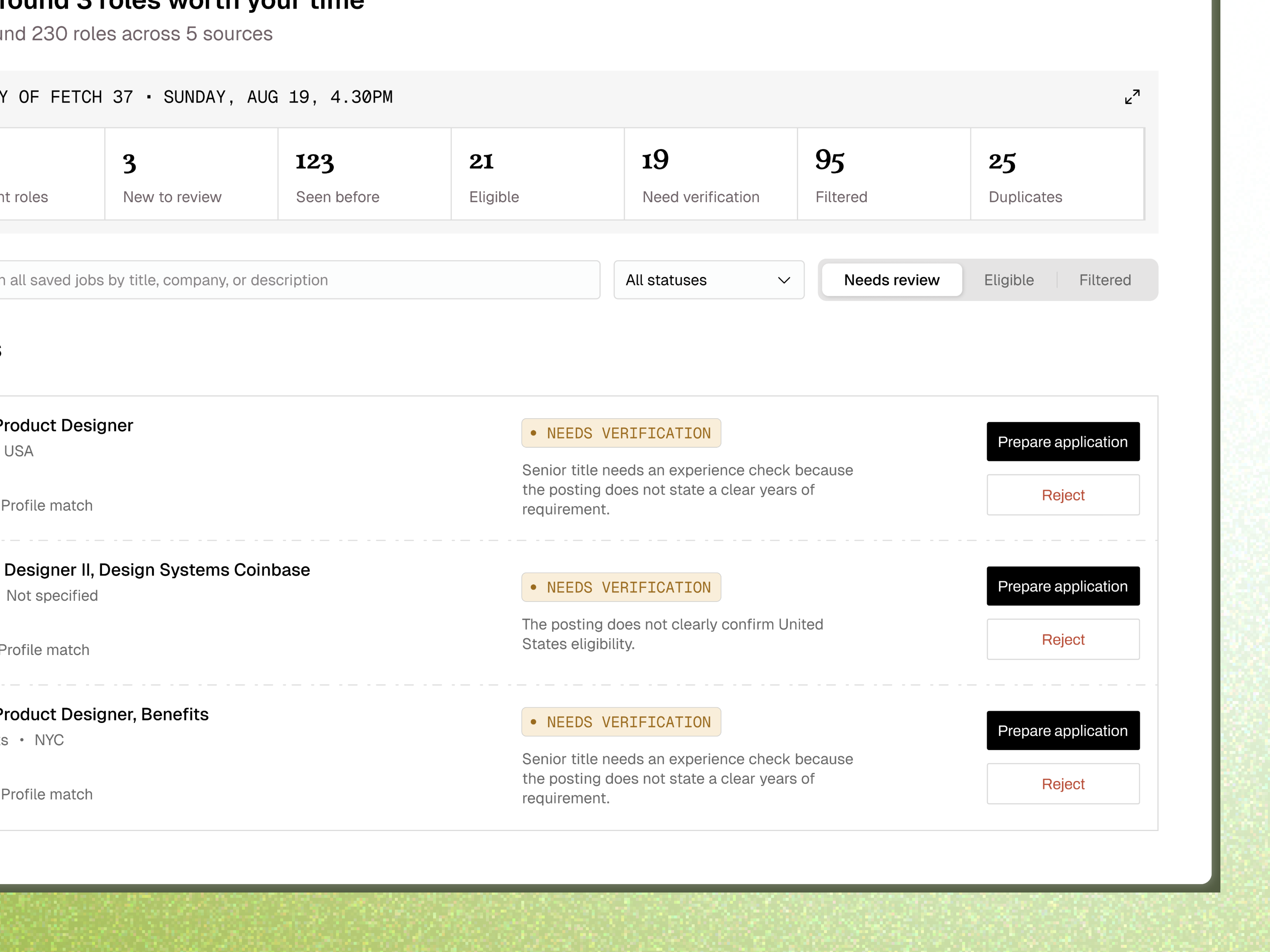 Scout role-review list showing eligibility checks, roles needing verification, and actions to prepare or reject an application.